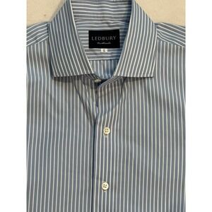 LEDBURY Blue White Stripe 17/35 L/S French Cuff Button Front Cotton Dress Shirt